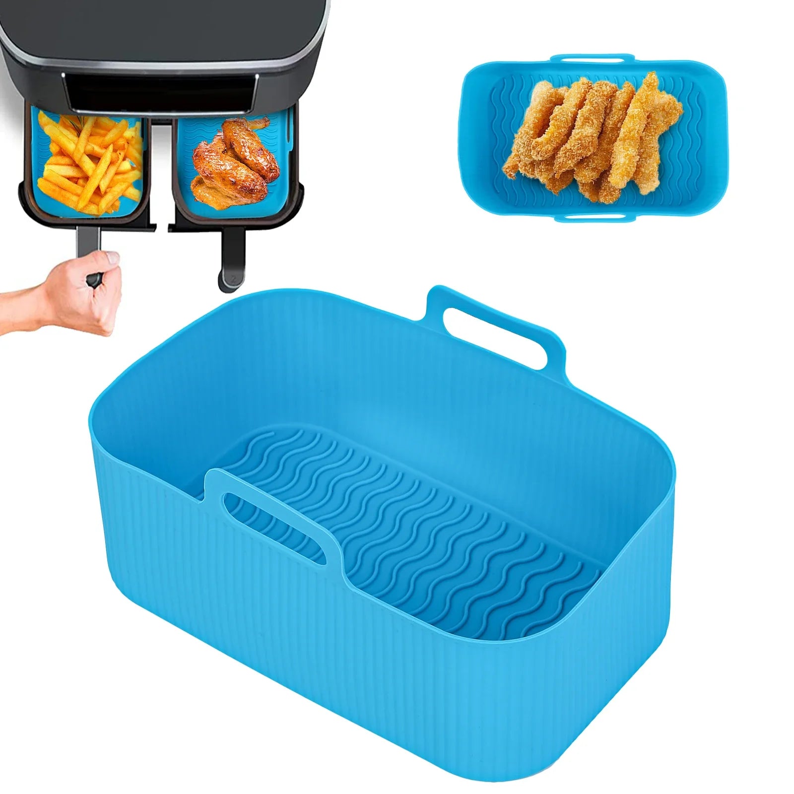 En haut-a-gauche-une-friteuse-a-deux-plateaux-rectangulaire-avec-revêtement-silicone-bleu-dans-un-plateau-frites-et-l'autre-ailes-de-poulet-en haut-a-droite-revêtement-avec-ailes-de-poulet-pannés-un-bas-de-l'image-un-seul-revêtement silicone-bleu-rectangulaire-vide