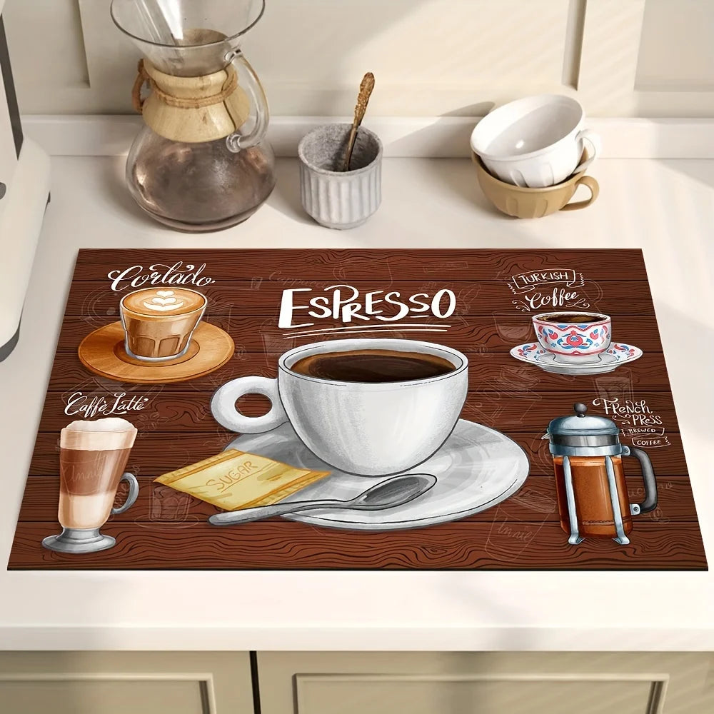 Tapis-absorbant-placé-sur-comptoir-de-cuisine-au-font-du-tapis-une-cafetiere-un-sucrier-deux-tasses-une-beige-et-une-blanche-sur-le-tapis-inscription-Espresso