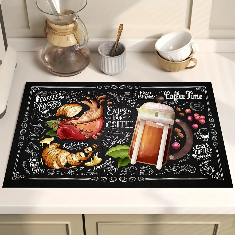 Tapis-absorbant-placé-sur-comptoir-de-cuisine-au-font-du-tapis-une-cafetiere-un-sucrier-deux-tasses-une-beige-et-une-blanche-sur-le-tapis-enjoy-coffee